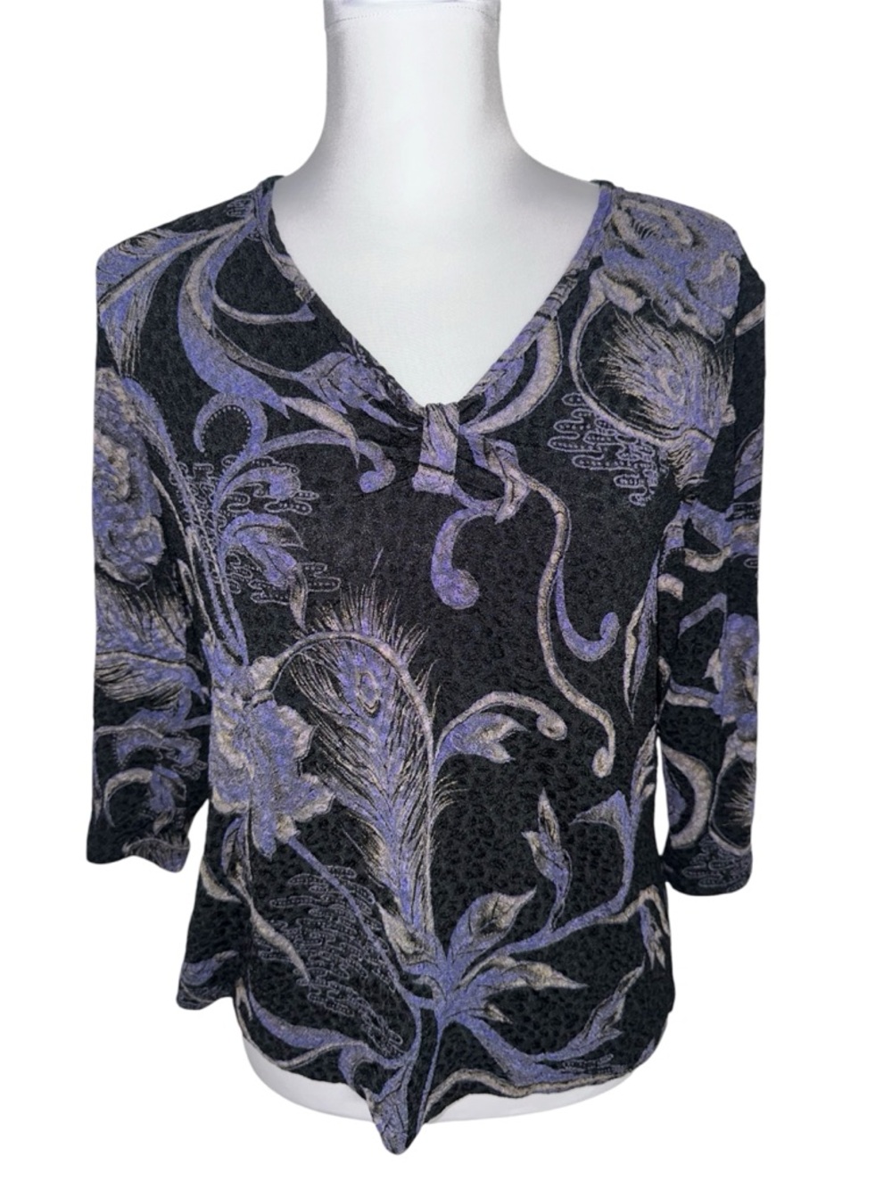 VTG West End Womens Large Black Purple Floral Textured V Neck‎ Top 3/4 Sleeve